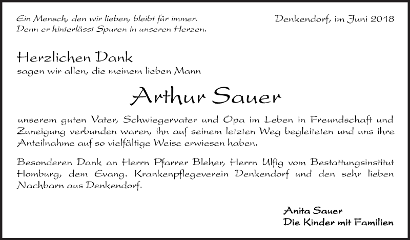  Traueranzeige für Arthur Sauer vom 15.06.2018 aus Eßlinger Zeitung/Cannstatter Zeitung