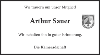 Traueranzeige von Arthur Sauer von Eßlinger Zeitung/Cannstatter Zeitung