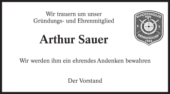 Traueranzeige von Arthur Sauer von Eßlinger Zeitung/Cannstatter Zeitung