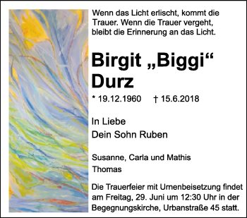Traueranzeige von Birgit Durz von Eßlinger Zeitung/Cannstatter Zeitung