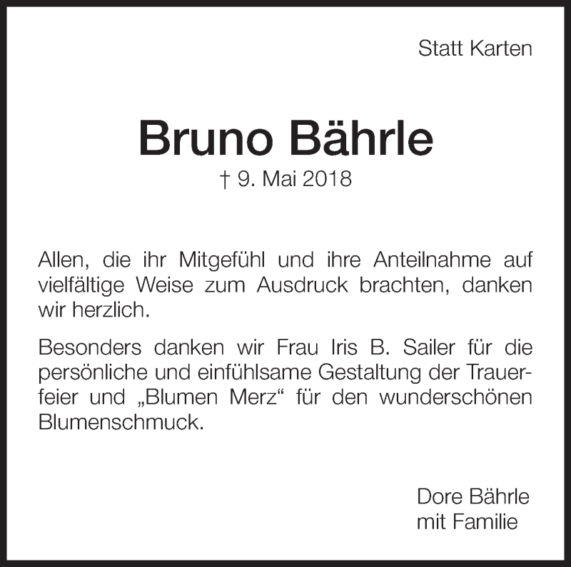  Traueranzeige für Bruno Bährle vom 07.06.2018 aus Eßlinger Zeitung/Cannstatter Zeitung