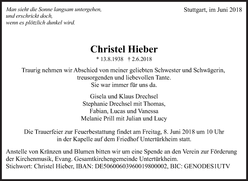  Traueranzeige für Christel Hieber vom 06.06.2018 aus Eßlinger Zeitung/Cannstatter Zeitung