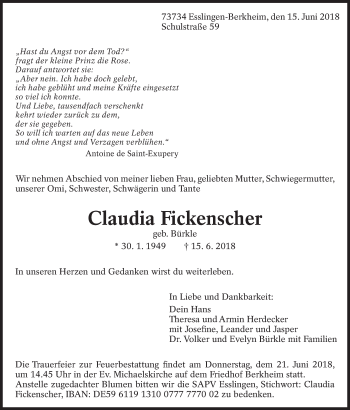 Traueranzeige von Claudia Fickenscher von Eßlinger Zeitung/Cannstatter Zeitung