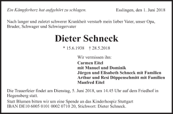 Traueranzeige von Dieter Schneck von Eßlinger Zeitung/Cannstatter Zeitung
