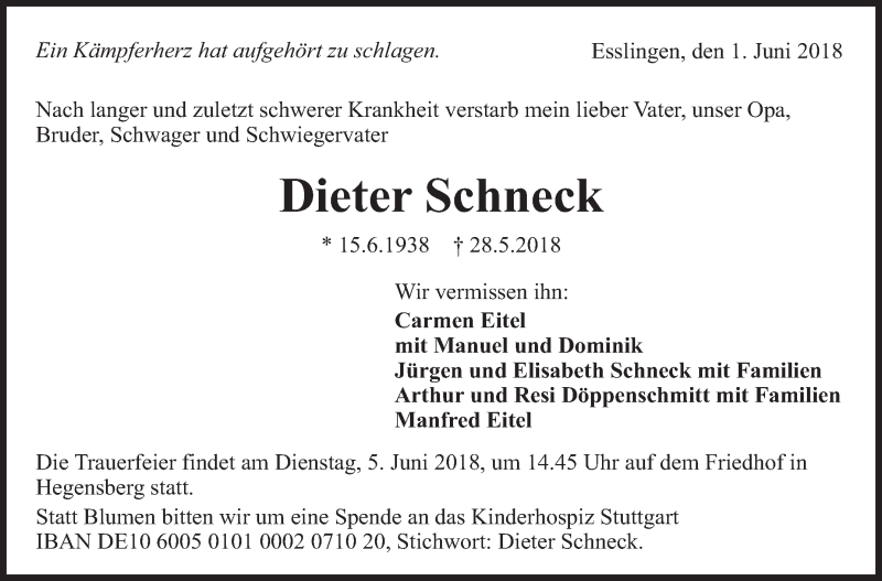  Traueranzeige für Dieter Schneck vom 01.06.2018 aus Eßlinger Zeitung/Cannstatter Zeitung