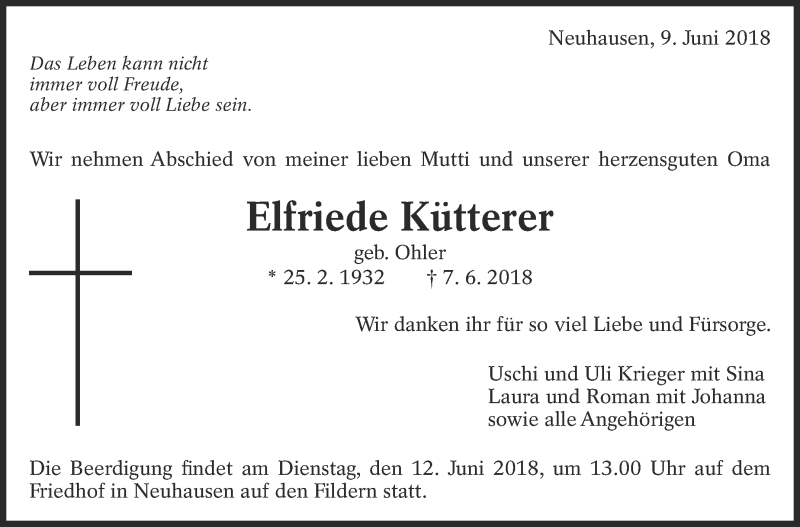  Traueranzeige für Elfriede Kütterer vom 09.06.2018 aus Eßlinger Zeitung/Cannstatter Zeitung