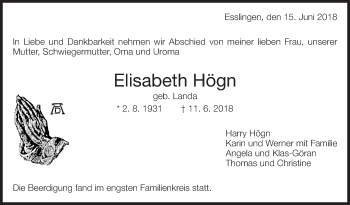 Traueranzeige von Elisabeth Högn von Eßlinger Zeitung/Cannstatter Zeitung