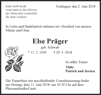 Traueranzeige von Else Präger von Eßlinger Zeitung/Cannstatter Zeitung