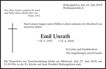 Traueranzeige von Emil Unrath von Eßlinger Zeitung/Cannstatter Zeitung