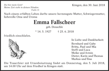 Traueranzeige von Emma Fallscheer von Eßlinger Zeitung/Cannstatter Zeitung