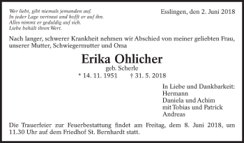 Traueranzeige von Erika Ohlicher von Eßlinger Zeitung/Cannstatter Zeitung