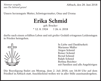 Traueranzeige von Erika Schmid von Eßlinger Zeitung/Cannstatter Zeitung
