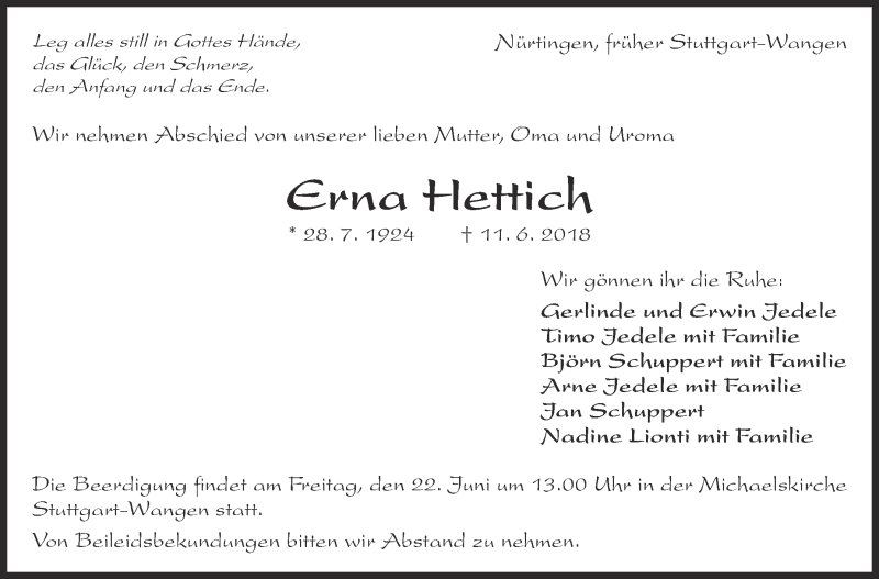  Traueranzeige für Erna Hettich vom 21.06.2018 aus Eßlinger Zeitung/Cannstatter Zeitung