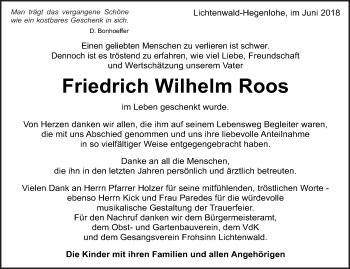 Traueranzeige von Friedrich Wilhelm Roos von Eßlinger Zeitung/Cannstatter Zeitung