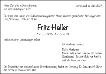 Traueranzeige von Fritz Haller von Eßlinger Zeitung/Cannstatter Zeitung