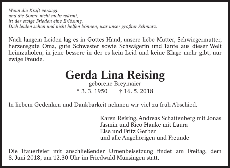  Traueranzeige für Gerda Lina Reising vom 02.06.2018 aus Eßlinger Zeitung/Cannstatter Zeitung