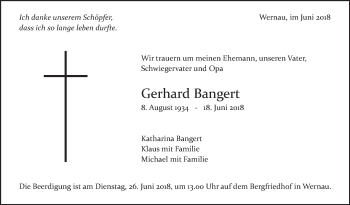 Traueranzeige von Gerhard Bangert von Eßlinger Zeitung/Cannstatter Zeitung