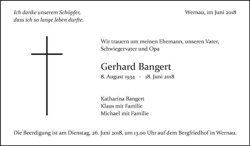  Traueranzeige für Gerhard Bangert vom 22.06.2018 aus Eßlinger Zeitung/Cannstatter Zeitung