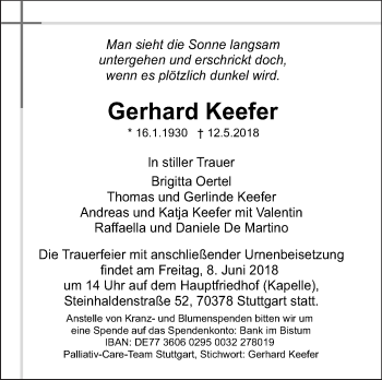 Traueranzeige von Gerhard Keefer von Eßlinger Zeitung/Cannstatter Zeitung