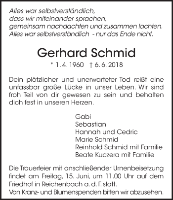 Traueranzeige von Gerhard Schmid von Eßlinger Zeitung/Cannstatter Zeitung