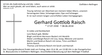Traueranzeige von Gerhard Gottlob Raisch von Eßlinger Zeitung/Cannstatter Zeitung