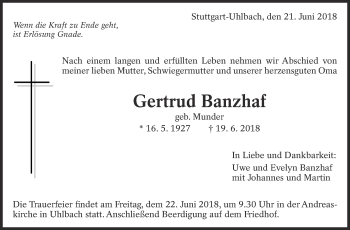 Traueranzeige von Gertrud Banzhaf von Eßlinger Zeitung/Cannstatter Zeitung