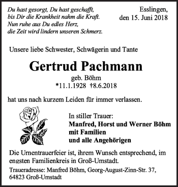 Traueranzeige von Gertrud Pachmann von Eßlinger Zeitung/Cannstatter Zeitung