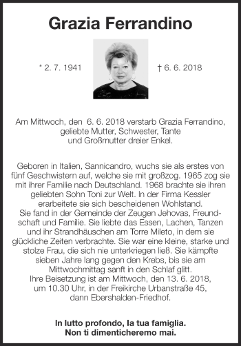 Traueranzeige von Grazia Ferrandino von Eßlinger Zeitung/Cannstatter Zeitung