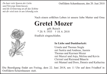 Traueranzeige von Gretel Mozer von Eßlinger Zeitung/Cannstatter Zeitung