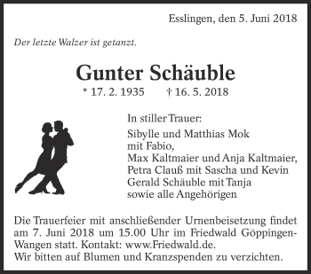 Traueranzeige von Gunter Schäuble von Eßlinger Zeitung/Cannstatter Zeitung