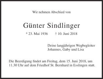 Traueranzeige von Günter Sindlinger von Eßlinger Zeitung/Cannstatter Zeitung