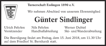 Traueranzeige von Günter Sindlinger von Eßlinger Zeitung/Cannstatter Zeitung