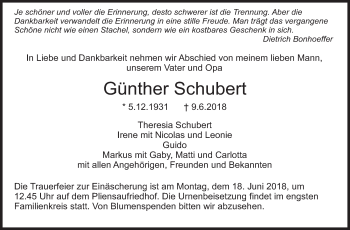 Traueranzeige von Günther Schubert von Eßlinger Zeitung/Cannstatter Zeitung
