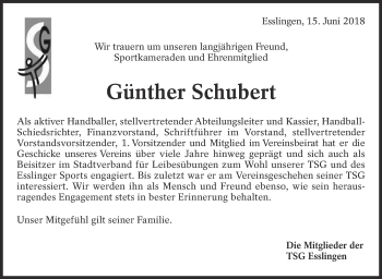 Traueranzeige von Günther Schubert von Eßlinger Zeitung/Cannstatter Zeitung