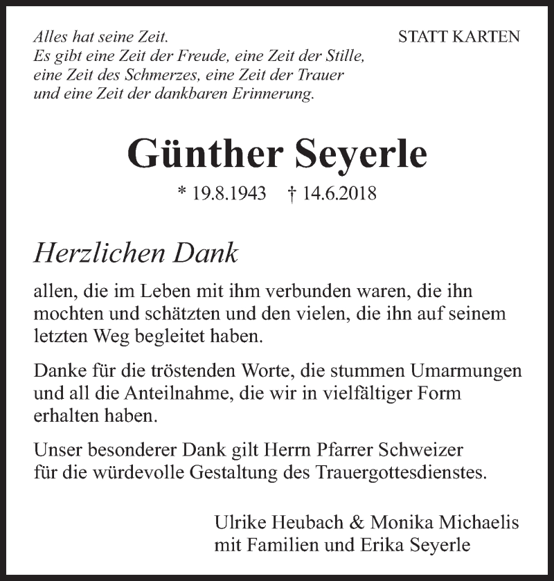  Traueranzeige für Günther Seyerle vom 30.06.2018 aus Eßlinger Zeitung/Cannstatter Zeitung