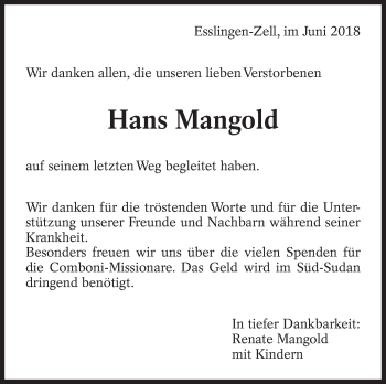 Traueranzeige von Hans Mangold von Eßlinger Zeitung/Cannstatter Zeitung
