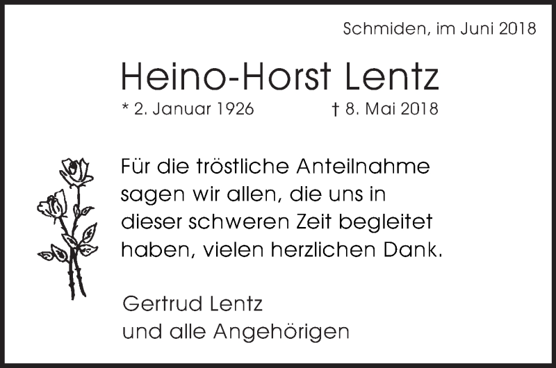 Traueranzeige für Heino-Horst Lentz vom 16.06.2018 aus Eßlinger Zeitung/Cannstatter Zeitung
