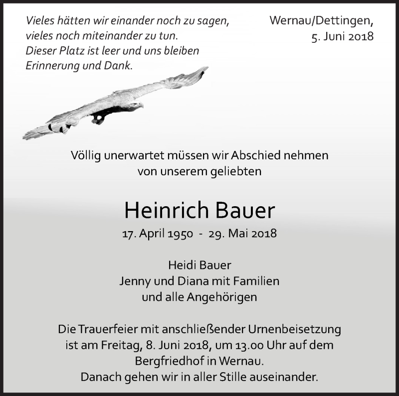  Traueranzeige für Heinrich Bauer vom 05.06.2018 aus Eßlinger Zeitung/Cannstatter Zeitung