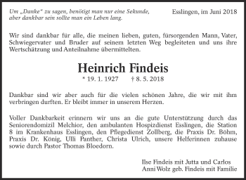 Traueranzeige von Heinrich Findeis von Eßlinger Zeitung/Cannstatter Zeitung