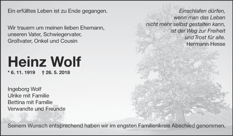  Traueranzeige für Heinz Wolf vom 15.06.2018 aus Eßlinger Zeitung/Cannstatter Zeitung