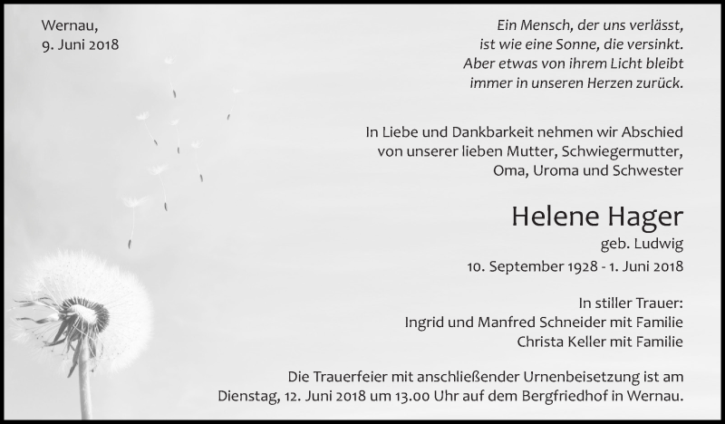  Traueranzeige für Helene Hager vom 09.06.2018 aus Eßlinger Zeitung/Cannstatter Zeitung