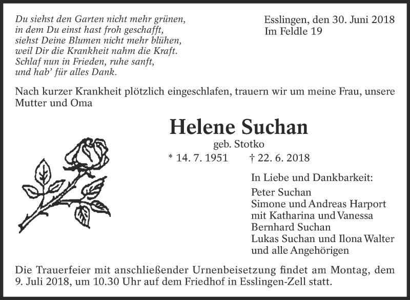  Traueranzeige für Helene Suchan vom 30.06.2018 aus Eßlinger Zeitung/Cannstatter Zeitung