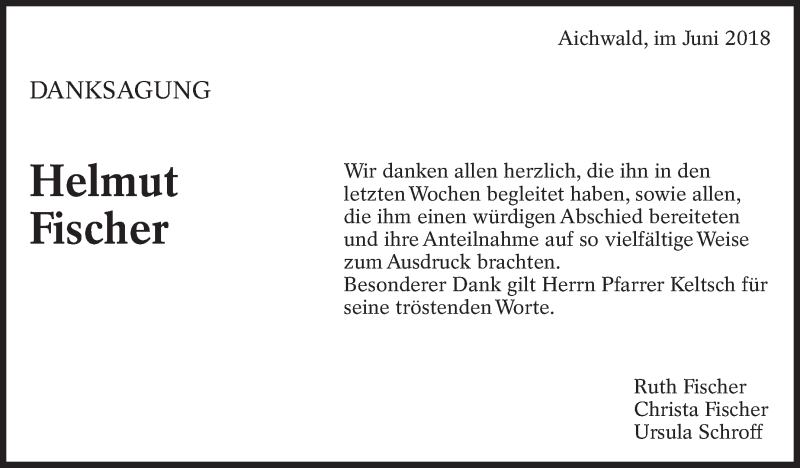  Traueranzeige für Helmut Fischer vom 12.06.2018 aus Eßlinger Zeitung/Cannstatter Zeitung