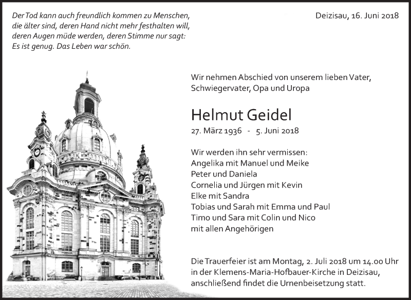  Traueranzeige für Helmut Geidel vom 16.06.2018 aus Eßlinger Zeitung/Cannstatter Zeitung