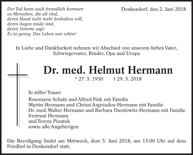  Traueranzeige für Helmut Hermann vom 02.06.2018 aus Eßlinger Zeitung/Cannstatter Zeitung