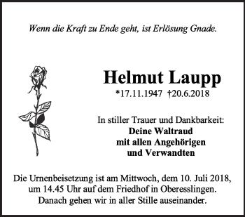 Traueranzeige von Helmut Laupp von Eßlinger Zeitung/Cannstatter Zeitung