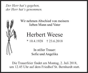 Traueranzeige von Herbert Weese von Eßlinger Zeitung/Cannstatter Zeitung