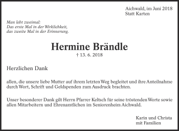 Traueranzeige von Hermine Brändle von Eßlinger Zeitung/Cannstatter Zeitung