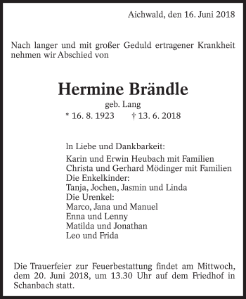 Traueranzeige von Hermine Brändle von Eßlinger Zeitung/Cannstatter Zeitung