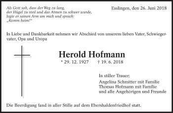 Traueranzeige von Herold Hofmann von Eßlinger Zeitung/Cannstatter Zeitung